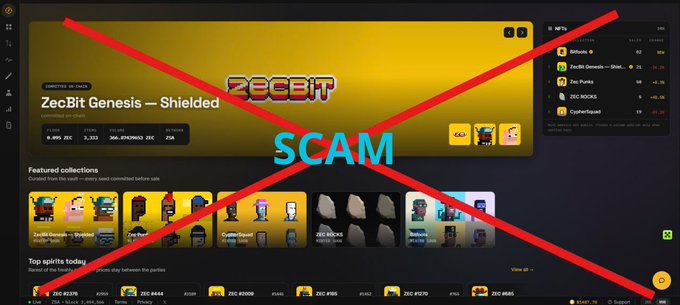 A website page showing "ZecBit Genesis — Shielded" NFT collection statistics, with a large red X and the word "SCAM" overlaid across the image.