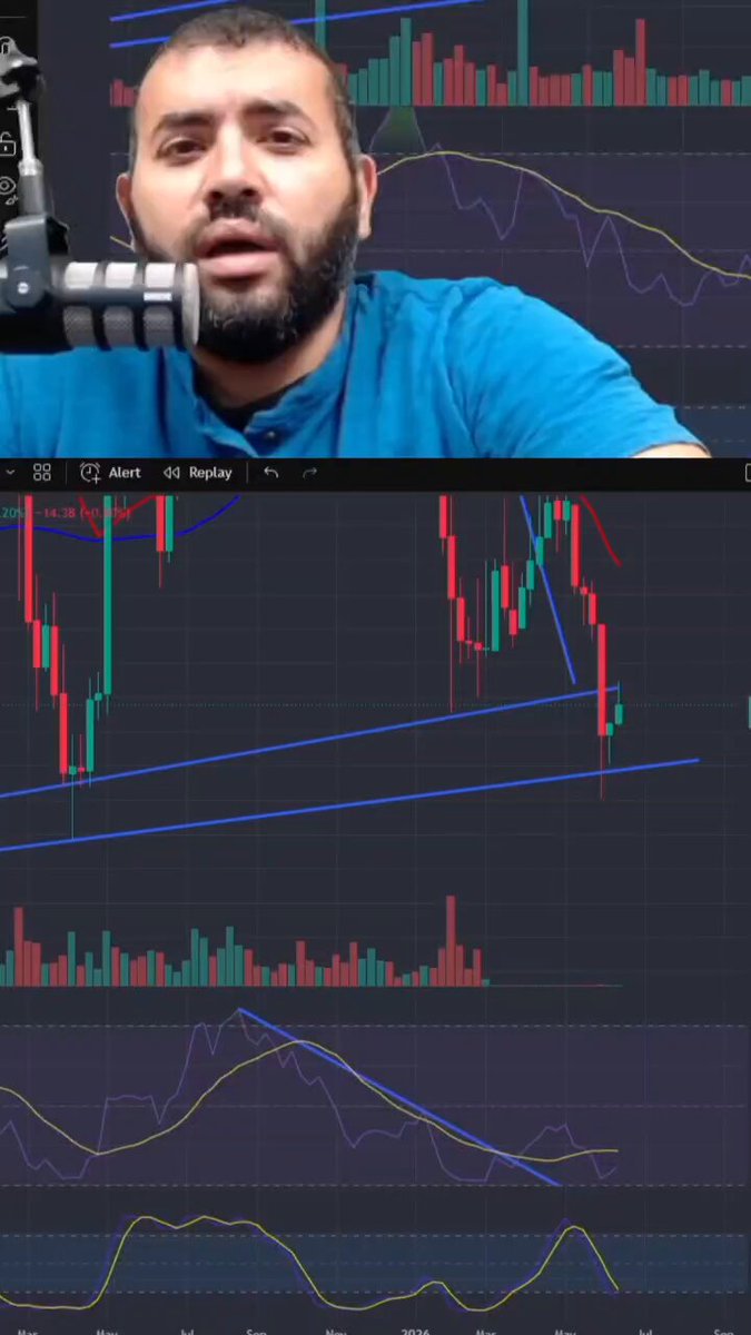 This image shows a man holding a microphone, possibly at a radio station or podcast recording session. He appears to be talking about something related to bitcoin and cryptocurrency values over a chart displaying various trends and points of interest for these digital assets. The focus is on the ongoing conversation between the man and the viewer in an educational context, discussing the fluctuations and patterns shown on the chart displayed against a dark background, making it easy to follow along with the discussion about cryptocurrency updates.