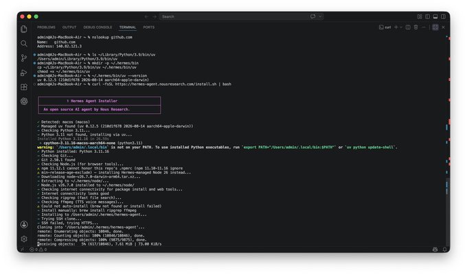 A terminal window showing command-line output of a script run on a 'tokonow-Air' machine, installing Python 3.11.6 and the Nous Research agent via curl and bash commands.