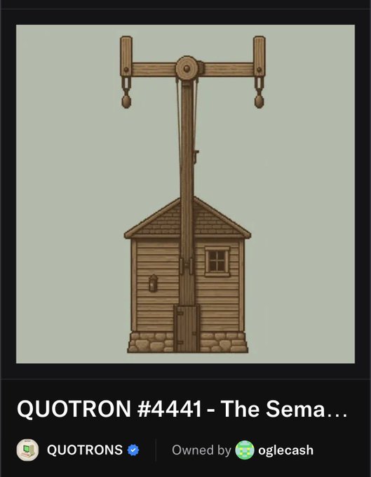 An NFT profile page shows a cartoon illustration of a wooden house with a signal pole on top, titled 'QUOTRON #4441 - The Sema...', owned by 'oglecash'.