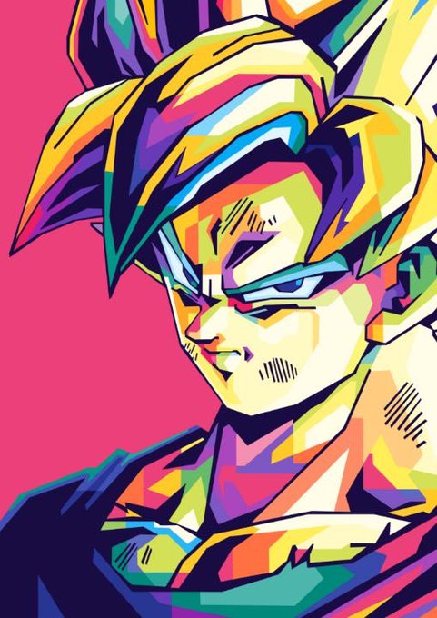 A colorful, stylized pop-art illustration of the anime character Goku from Dragon Ball Z, featuring vibrant yellow, pink, and blue tones against a pink background.