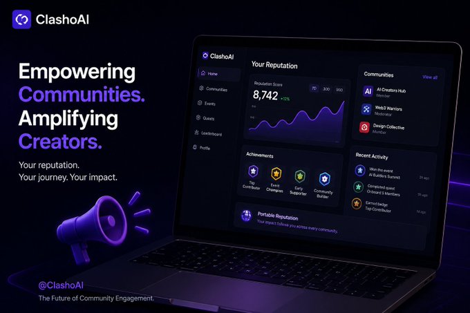 A promotional graphic for ClashoAI features the tagline "Empowering Communities. Amplifying Creators." alongside a laptop showing a reputation dashboard with a score of 8,742.