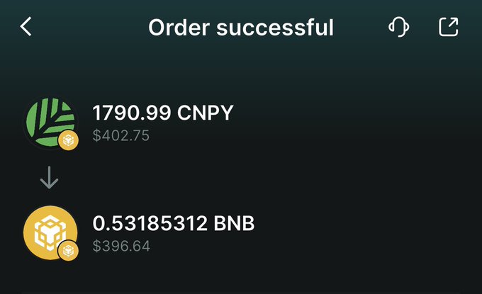 A mobile app screen showing a successful cryptocurrency order, exchanging 1790.99 CNPY ($402.75) for 0.53185312 BNB ($396.64).