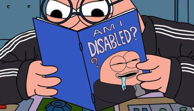 The image shows a cartoon character, resembling a South Park-style figure with glasses, reading a blue book titled "AM I DISABLED?" with a curious face illustration on the cover. The scene humorously relates to the post by @fonzonpons, suggesting a comedic contemplation of disability in an exaggerated cartoon context.