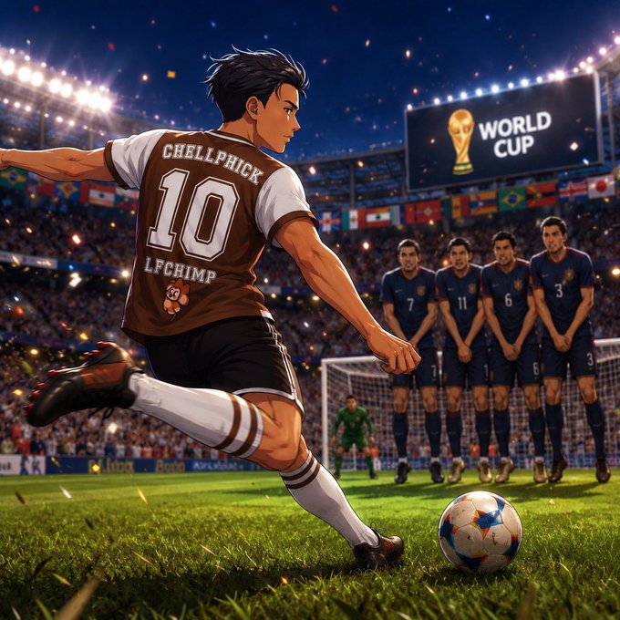 Anime-style illustration of a soccer player wearing a brown jersey with 'CHELLPHICK 10 LFCHIMP' preparing to kick a ball during a World Cup match, with opposing players forming a defensive wall.