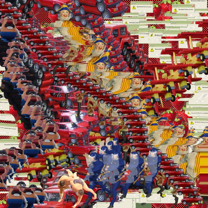A surreal, glitched image filled with repeating patterns of characters and trucks from the animated movie 'Tangled,' featuring Flynn Rider, Maximus, and Rapunzel scattered among red trucks and GIR logo boxes.