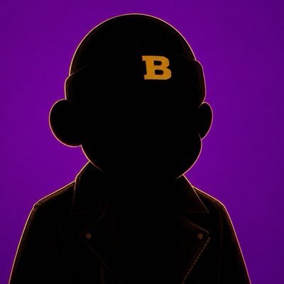A silhouette of a character wearing a cap with a yellow "B" logo, set against a purple background, likely representing a brand or mascot for the giveaway.