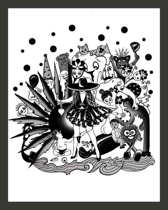 A whimsical black-and-white ink illustration featuring a girl in a witch hat and ruffled skirt surrounded by various cartoonish creatures, masks, and floating polka dots.