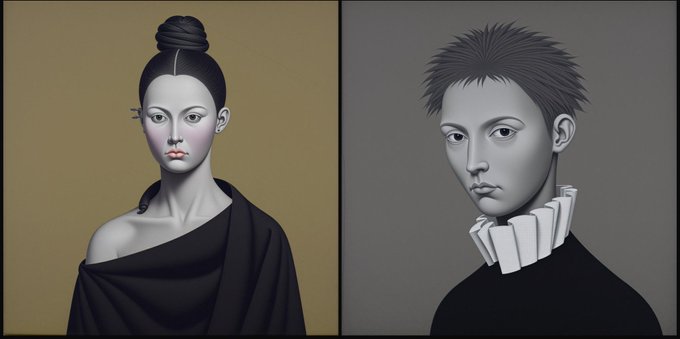A side-by-side diptych displaying two stylized 3D-rendered character portraits—a pale-skinned figure with a hair bun draped in black on the left, and a short-haired figure wearing a ruffled white collar on the right—likely showcasing artwork from the Divergents NFT collection referenced in the post.