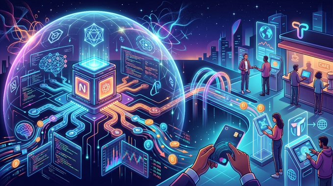 A colorful digital illustration depicting a futuristic technology scene with circuit boards, holographic displays showing AI and blockchain symbols, cryptocurrency coins, and people interacting with devices.