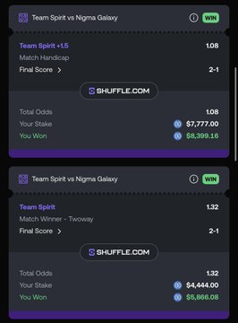 The image displays two winning betting slips from Shuffle.com showing Team Spirit vs Nigma Galaxy esports matches, where the user won $4,369.10 on a -1.5 handicap bet (final score 2-1) and $5,666.08 on a Twoway match winner bet, totaling approximately $10,035 in winnings. This visual proof of substantial earnings supports the boastful "money where mouth is" celebration in the accompanying post tagging @shufflecom and @PastelAlpha.