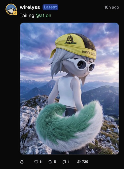 The image, posted by "wirelyss" with a caption about tailing coins and pumpfun memes, shows a 3D-rendered character on a mountain peak wearing a yellow "DON'T TREAD ON ME" cap with a Gadsden snake, white sunglasses, a white tank top, and a large green-and-white fluffy tail. The post appears to be a meme directed at someone tagged as @a1lon, combining crypto coin-launching humor with the iconic "Don't Tread on Me" imagery.