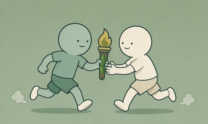 A simple cartoon illustration shows two stick-figure-like characters running toward each other, jointly holding a lit torch between them against a soft green background.