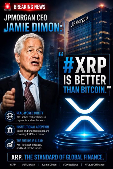 A sensational news-style graphic features JPMorgan CEO Jamie Dimon with a clickbait quote '#XRP IS BETTER THAN BITCOIN,' listing claims about real-world utility, institutional adoption, and labeling XRP as 'THE STANDARD OF GLOBAL FINANCE.'
