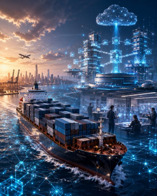 A futuristic digital illustration shows a large container ship sailing on a glowing, data-networked sea past a high-tech cityscape, with an airplane flying overhead.