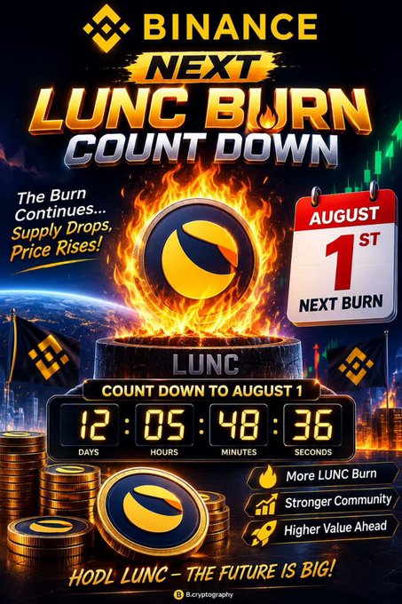 Promotional graphic for 'Binance NEXT LUNC Burn Countdown' featuring a burning LUNC coin, a countdown timer to August 1st showing 12 days, 05 hours, 48 minutes, 36 seconds, and the tagline 'HODL LUNC — The Future is Big!'.