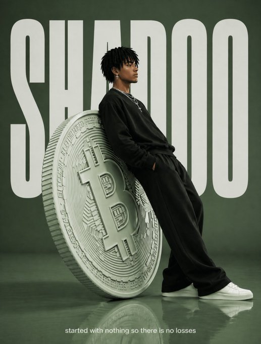 A stylized poster featuring a young man in black streetwear leaning against a giant Bitcoin coin, with "SHADOO" in large letters and the tagline "started with nothing so there is no losses" at the bottom.