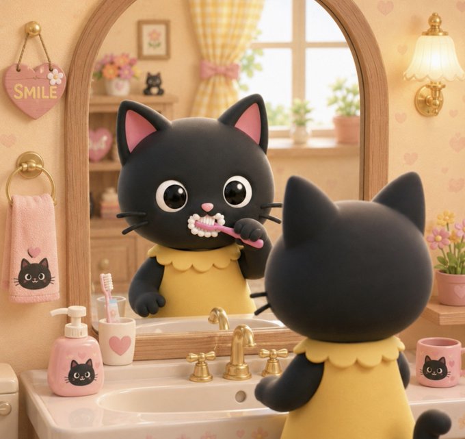A 3D-rendered cute black cat in a yellow dress brushing its teeth in front of a bathroom mirror, surrounded by pink toiletries with cat designs and a 'SMILE' heart sign.