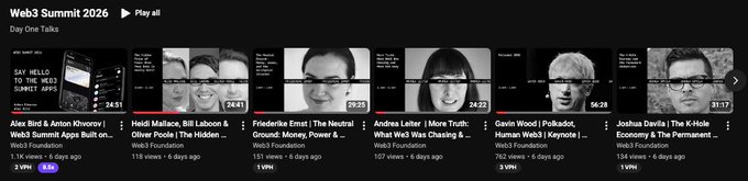 A YouTube playlist titled 'Web3 Summit 2026' showing various crypto industry talk videos including speakers from Apps Built, Olive Blocks, Sushi, IOV Labs, Web3 Foundation, Polkadot, and K Hole Escrow.