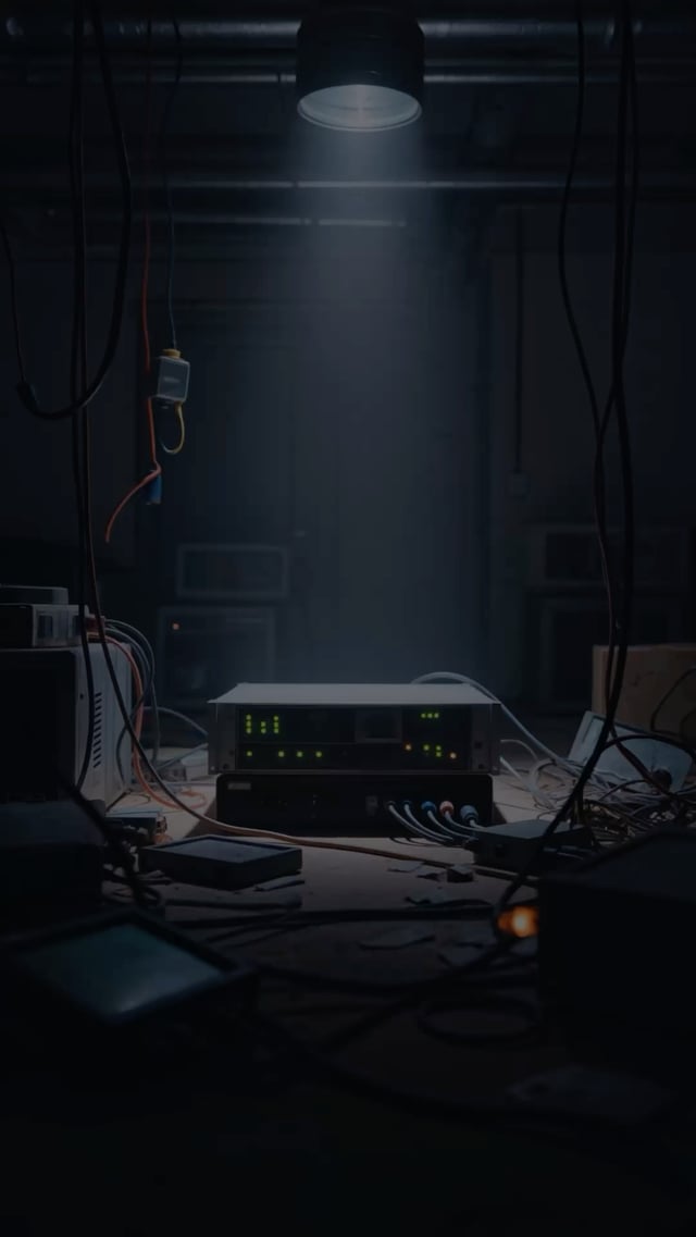 The image shows a computer monitor sitting on top of a desk, with wires hanging from the ceiling above it. There are also some electronic equipment items scattered around the room. The caption reads "BTC Isn't Bitcoin", which seems unrelated to the main subject matter of the image - the computer and its surroundings.