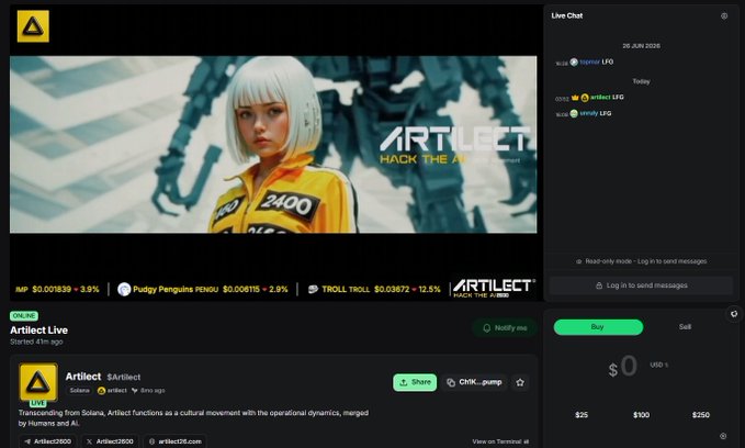 Screenshot of an ArtiLect livestream on 26 JUN 2026 featuring a white-haired character in a yellow racing suit, with a live chat sidebar and ticker showing "Pudgy Penguins PENGU" and "TROLL TROLL".