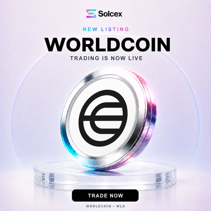A promotional graphic from SolCex announcing a new listing for Worldcoin (WLD), featuring the token's logo on a metallic coin and a "TRADE NOW" call-to-action button. The image directly supports the post's message about expanded spot market access against USDT, while the accompanying commentary highlights that despite this new listing, true value depends on liquidity rather than mere availability.