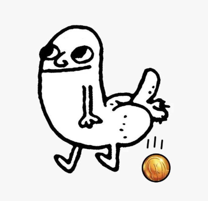 A crudely drawn cartoon figure with a smug expression kicks a gold Bitcoin-like coin, illustrating the "Buttcoin flywheel" — a satirical concept where the meme coin $Buttcoin feeds off or drives attention to Bitcoin, depicted here as the coin bouncing away from the character's kick.