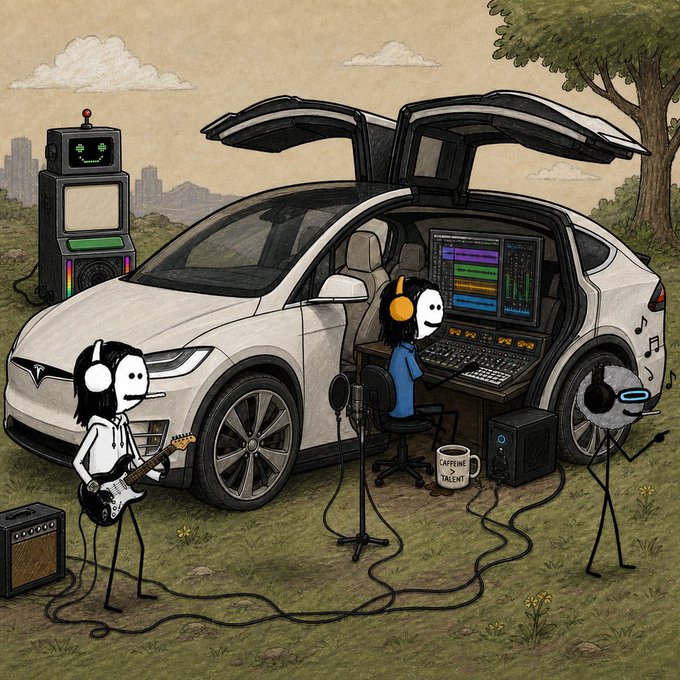 A whimsical illustration of a band performing with a music setup set up inside the open trunk of a white Tesla car parked outdoors.