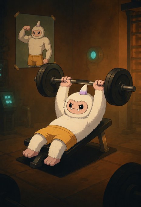 An illustration of a fluffy white cartoon character with a small horn lifting heavy weights on a bench press in a gym, with a poster of a similar muscular character flexing on the wall behind.