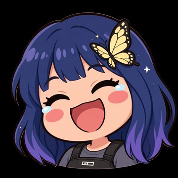A digital chibi illustration shows a smiling character with dark purple hair and a yellow butterfly accessory.