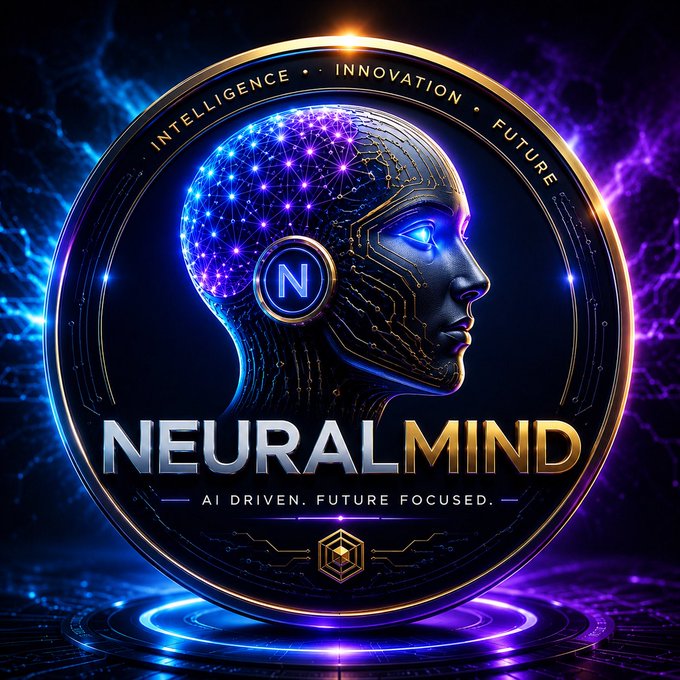 A futuristic logo for 'NEURALMIND' with the tagline 'AI DRIVEN. FUTURE FOCUSED.', featuring a stylized robotic head with glowing blue neural pathways, surrounded by the words 'INTELLIGENCE', 'INNOVATION', and 'FUTURE'.