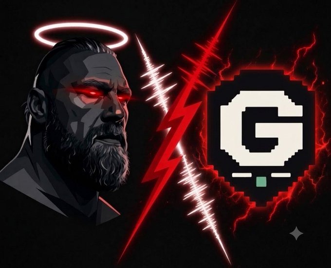 Digital artwork featuring a bearded man with a halo and red eyes next to a stylized 'G' logo with red lightning.