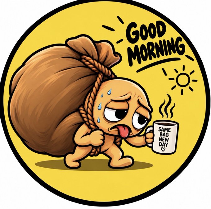 A cartoon illustration with the text 'GOOD MORNING' showing a sweating character carrying a large sack while holding a coffee mug that reads 'SAME BAG NEW DAY'.