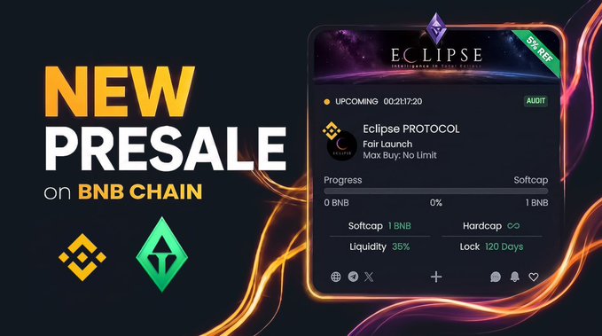 A promotional graphic announces the **Eclipse Protocol (EPX) new presale on BNB Chain**, featuring a fair launch with no buy limit, a 1 BNB softcap, and 35% liquidity locked for 120 days, set to launch at 00:21:17:20. The image highlights key details like the audit status, no hardcap, and the upcoming presale event on Gempad, aligning with the post's callout for the $EPX DeFi reflection token offering 6% ETH rewards.