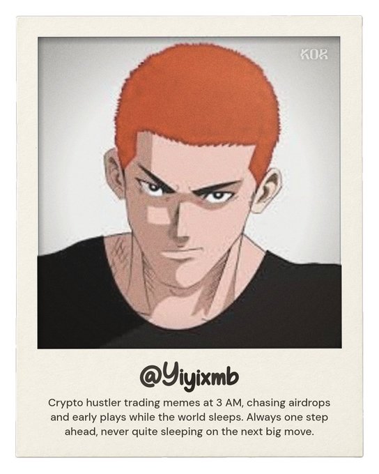 A Polaroid-style image of an anime character with orange hair in a black shirt, credited to @Yiyixmb with a humorous caption about a 'Crypto hustler trading memes at 3 AM.'