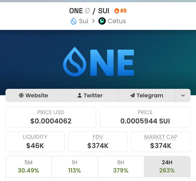 A screenshot of a Sui-based token trading page shows ONE trading at $0.00004062 USD (0.0005944 SUI) on Cetus, with liquidity of $46K and a market cap of $374K, alongside strong 24-hour gains of 263%—visually supporting the post's claim of an 8X move from $50K to $370K market cap on the $ONE token.