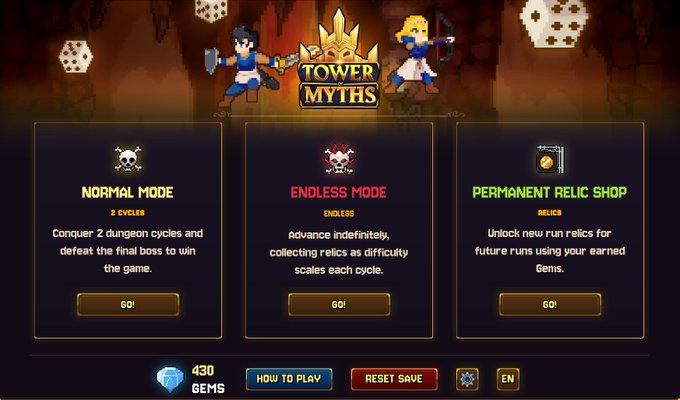 The main menu of "Tower Myths," a pixel-art roguelike game featuring three gameplay options: Normal Mode (2 cycles to conquer dungeons and defeat the final boss), Endless Mode (infinite advancement with scaling difficulty), and Permanent Relic Shop (unlock relics using 430 Gems). The interface, built with The Sandbox Studio, displays a "How to Play" guide, reset save option, and language setting, with cartoon characters and dice decorating the top banner.