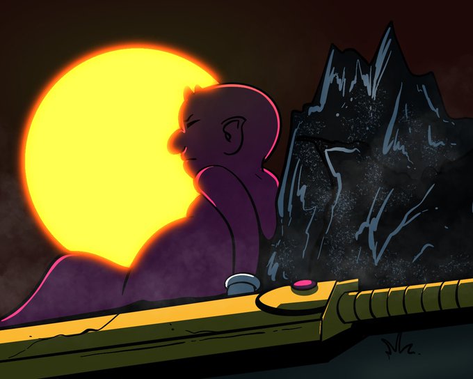 A stylized illustration of a character silhouetted against a large, bright yellow sun with dark rocky mountains in the background, with a golden sword hilt visible in the foreground.