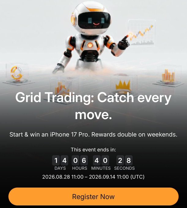 A promotional banner for a 'Grid Trading: Catch every move' event featuring a robot mascot, offering an iPhone 17 Pro with rewards doubling on weekends, with a countdown timer ending September 14, 2026.