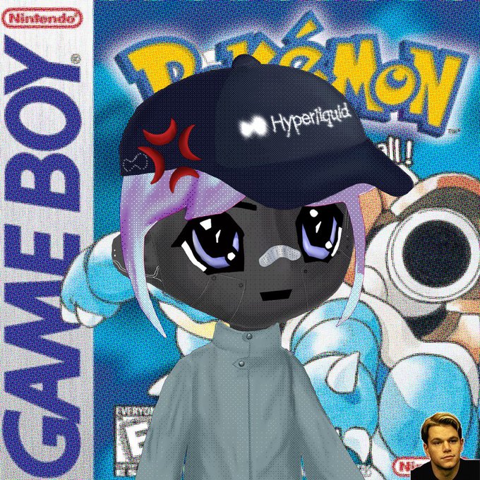 A digital character wearing a black "Hyperliquid" cap stands in front of a Game Boy Pokémon Silver game box, with a small photo of a blonde man in the corner.