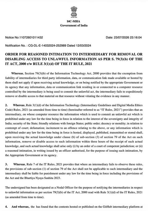 An official Indian Ministry of Electronics and Information Technology (MeitY) notice, dated 23/07/2026, notifying an intermediary (GitHub) of unlawful content under Section 79(3)(b) of the IT Act, 2000. The post's caption references this notice as evidence that a single government request can cause repositories to disappear from centralized platforms like GitHub, arguing that code should instead be "distributed, censorship-resistant, and owned by the network."