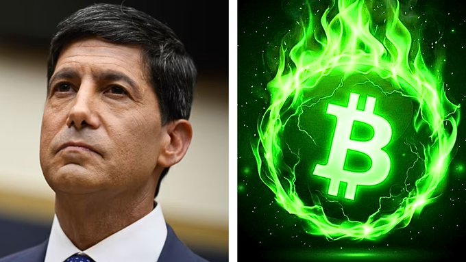 A split image showing a serious-looking man in a suit on the left and a glowing green Bitcoin symbol surrounded by flames on the right.