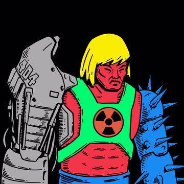 The image features a cartoon character with spiky arms, wearing a green and red suit that has an "X" symbol on it. The character appears to be holding a gun or a machine gun, which are both blue in color. The background of the image is black, making the colors of the character's outfit stand out even more. There is also text present in the image, which reads: "GM Dropping some creatures this week on @xrpcafe Who’s ready?".