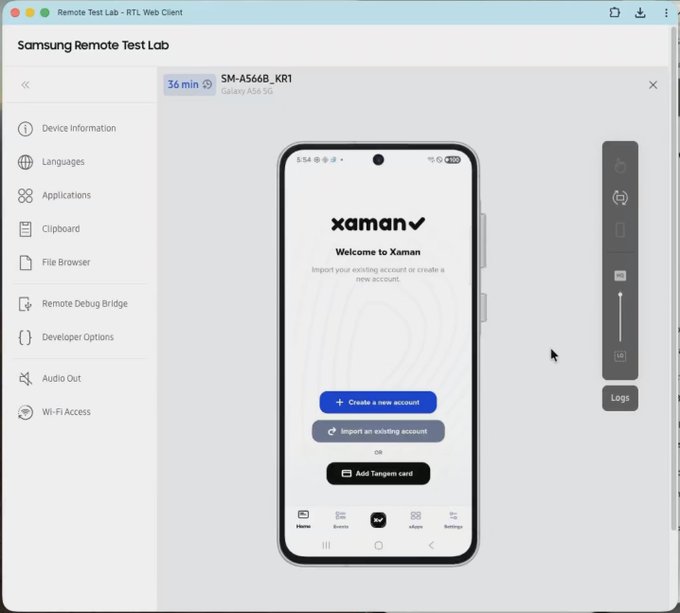 Samsung Remote Test Lab web client interface displaying a Galaxy A56 5G (SM-A566B_KR1) with the Xaman wallet app's welcome screen showing options to create or import an account and add a Tangem card.