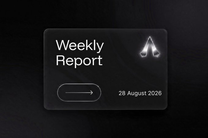 A dark, minimalist graphic displays a glowing "Weekly Report" header with a date of "28 August 2026," an arrow button, and the Areum Network logo, serving as a title card for the accompanying post detailing weekly network metrics including 26.4 million transactions, 33 active validators, and $AREA staking statistics.