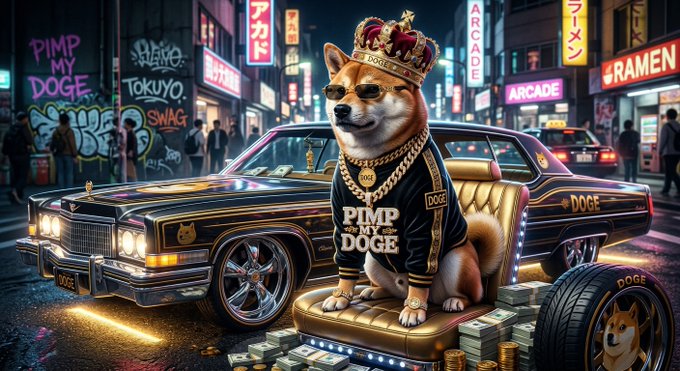 A crowned Shiba Inu in sunglasses and gold jewelry sits on stacks of money beside a luxury car in a neon city street scene labeled “PIMP MY DOGE.”