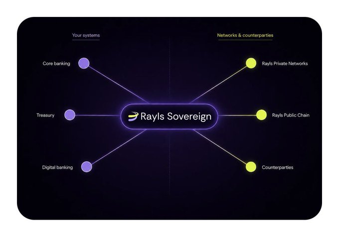 A diagram titled "Rayls Sovereign" showing connections between "Your systems" (Core banking, Treasury, Digital banking) and "Networks & counterparties" (Rayls Private Networks, Rayls Public Chain, Counterparties).