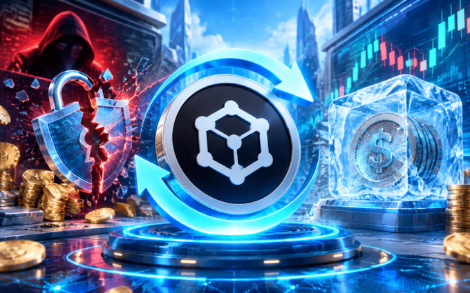 A digital illustration depicting cryptocurrency concepts with a cracked shield and hooded figure on the left representing security threats, a glowing hexagonal token symbol in the center with rotating arrows, and frozen gold coins on the right, set against a city skyline with stock charts.
