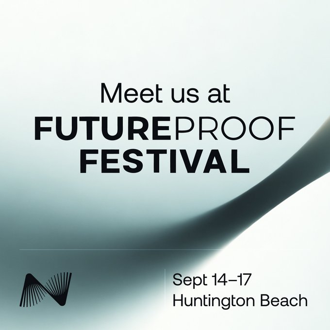A promotional graphic featuring the Nexo logo announces their presence at the FutureProof Festival, scheduled for September 14–17 in Huntington Beach. The sleek, minimalist design uses a flowing teal gradient background to highlight the event details and invite attendees to meet the Nexo team.