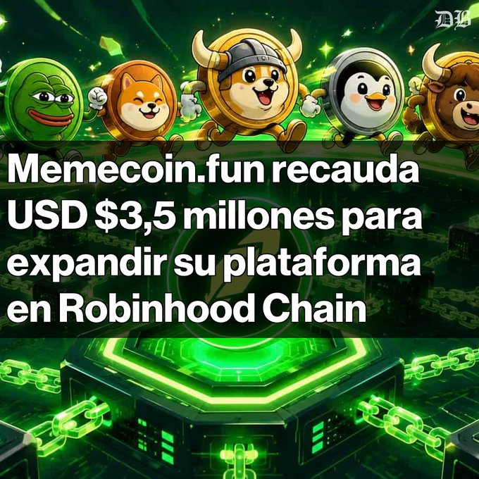 A promotional graphic with cartoon characters including a Pepe frog and animals in helmets, displaying the Spanish text 'Memecoin.fun recauda USD $3,5 millones para expandir su plataforma en Robinhood Chain'.